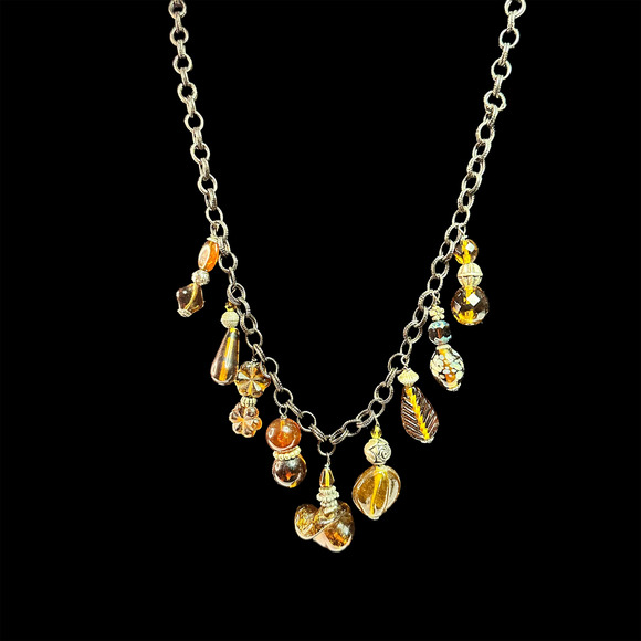 Neat Amber Glass Charm Necklace See each set of Beads...Unusual Chain, too. - Picture 1 of 5